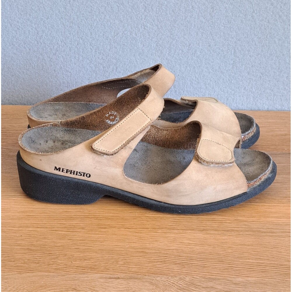 Mephisto Women’s Sandals Tan Nubuck 2-Strap Slide Womens 40 US 9 9.5 Comfort